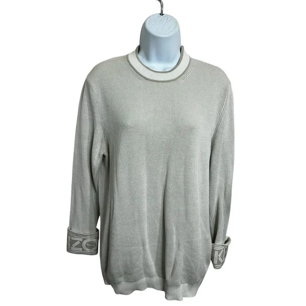 Kenzo Paris Beige Cotton Ribbed Sweater Sz Small Oversized Logo Cuffs Designer